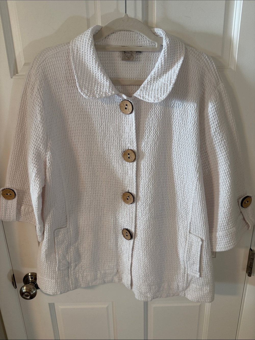 Focus White Waffle Knit 100% Cotton Lagenlook Jacket 3/4 sleeve Minimalist  1X